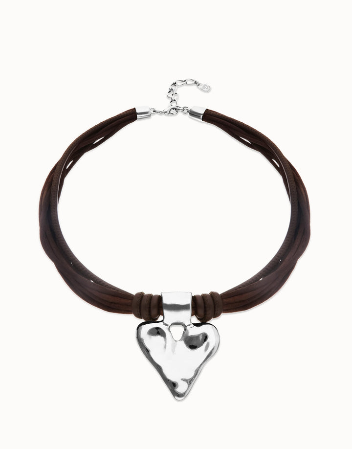 UNOde50 Silver Brown Leather and Silk Thread Heart Necklace - MococoUNOde50COL2066MARMTL0UNecklaces