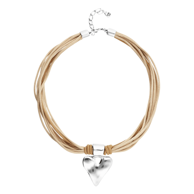UNOde50 Silver Camel Leather and Silk Thread Heart Necklace - MococoUNOde50COL2066CAMMTL0UNecklaces