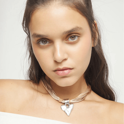 UNOde50 Silver Camel Leather and Silk Thread Heart Necklace - MococoUNOde50COL2066CAMMTL0UNecklaces