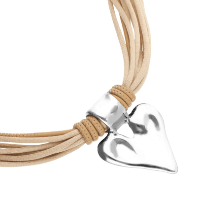 UNOde50 Silver Camel Leather and Silk Thread Heart Necklace - MococoUNOde50COL2066CAMMTL0UNecklaces