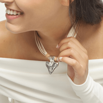 UNOde50 Silver Camel Leather and Silk Thread Heart Necklace - MococoUNOde50COL2066CAMMTL0UNecklaces