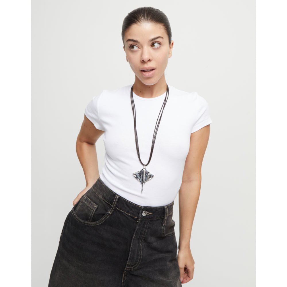 Unode50 Silver Plated Long Leather Pendant with Manta Ray Necklace - MococoUNOde50COL1929-UNecklace