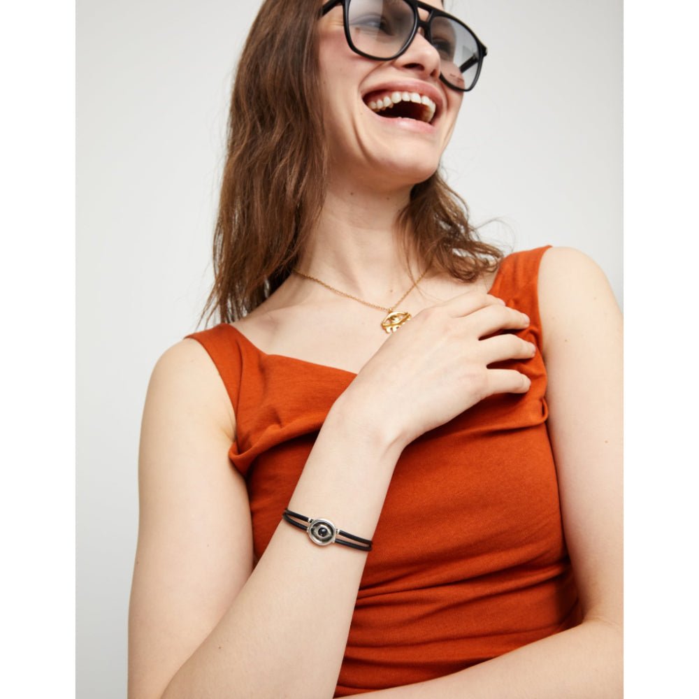 Unode50 Sterling Silver Double Black Leather Birthstone Eye Bracelet - MococoUNOde50PUL2601-SLV-BLKBracelet