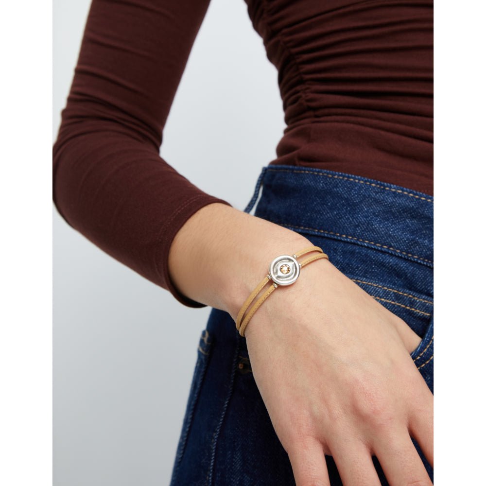 Unode50 Sterling Silver Double Cream Leather Birthstone Eye Bracelet - MococoUNOde50PUL2601-SLV-CRBracelet