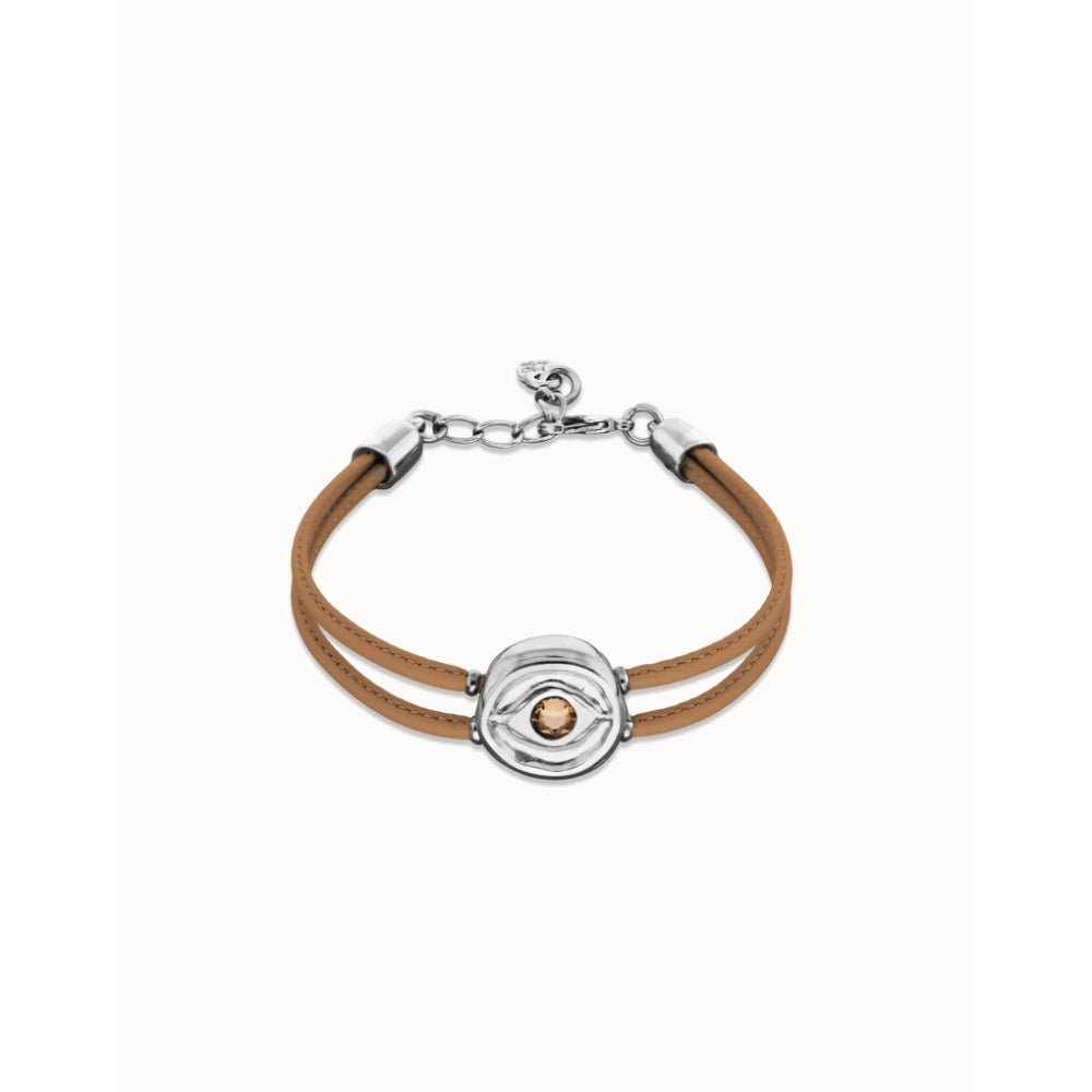 Unode50 Sterling Silver Double Cream Leather Birthstone Eye Bracelet - MococoUNOde50PUL2601-SLV-CRBracelet