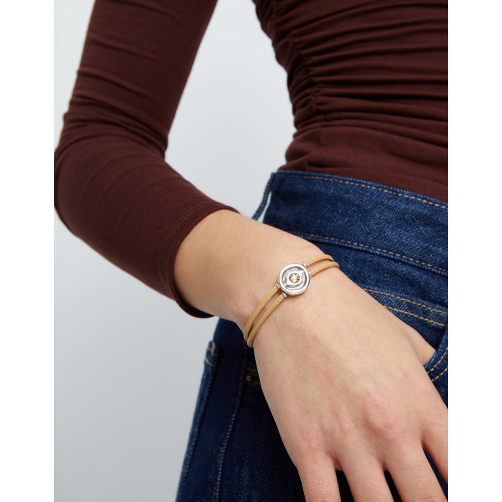 Unode50 Sterling Silver Double Cream Leather Birthstone Eye Bracelet - MococoUNOde50PUL2601CREMTL0MBracelets