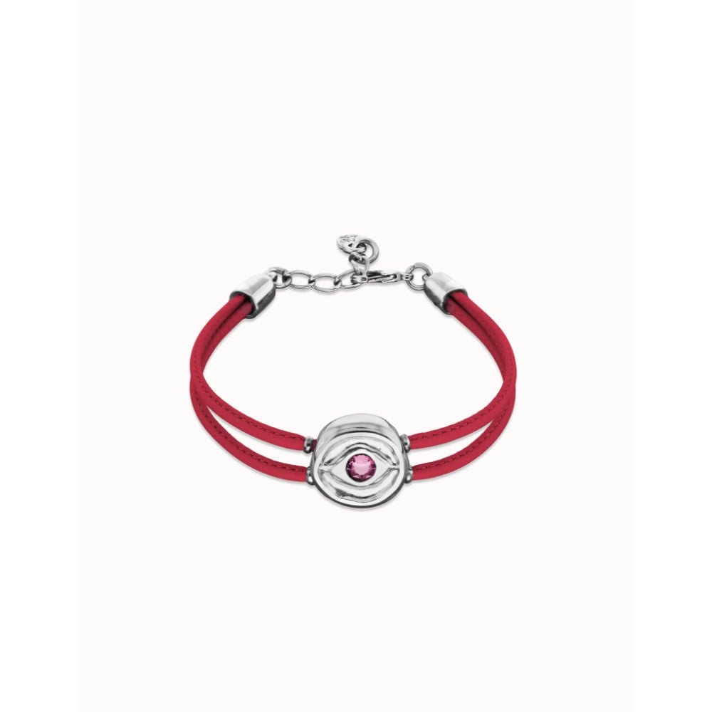 Unode50 Sterling Silver Double Fuchsia Leather Birthstone Eye Bracelet - MococoUNOde50PUL2601-SLV-FSCBracelet