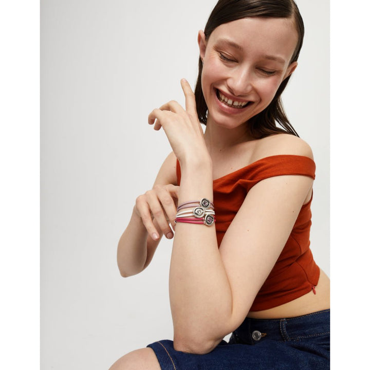 Unode50 Sterling Silver Double Fuchsia Leather Birthstone Eye Bracelet - MococoUNOde50PUL2601-SLV-FSCBracelet