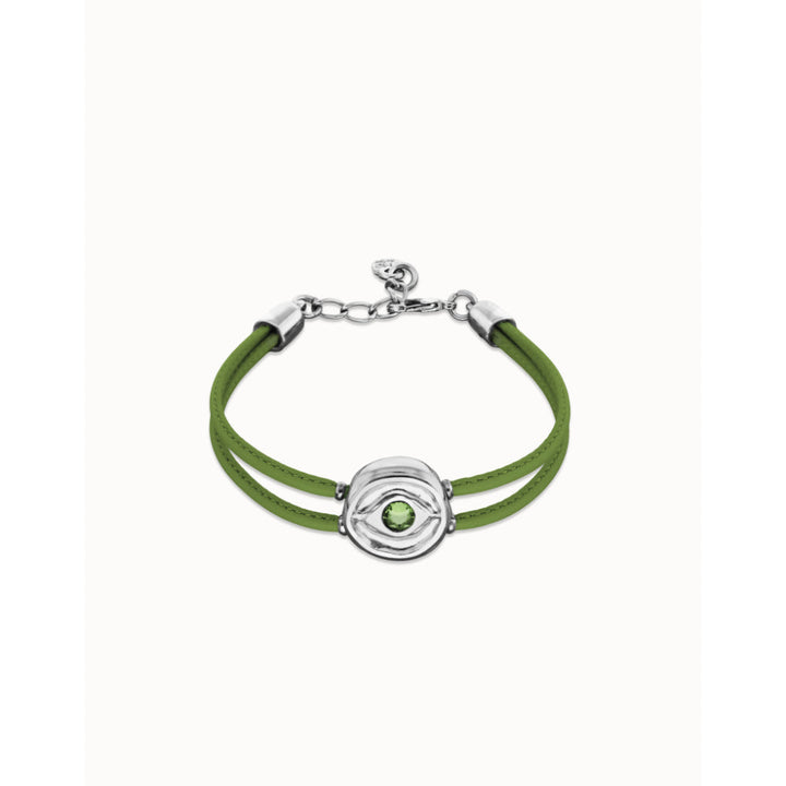 Unode50 Sterling Silver Double Green Leather Birthstone Eye Bracelet image