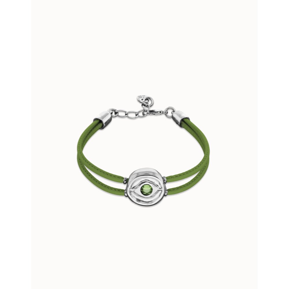 Unode50 Sterling Silver Double Green Leather Birthstone Eye Bracelet - MococoUNOde50PUL2601-SLV-GRBracelet