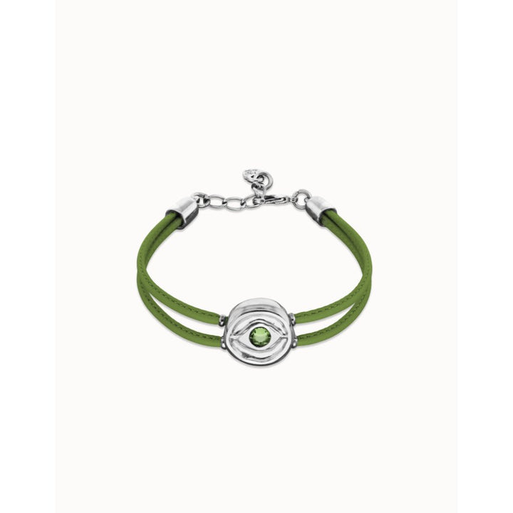 Unode50 Sterling Silver Double Green Leather Birthstone Eye Bracelet - MococoUNOde50PUL2601-SLV-GRBracelet