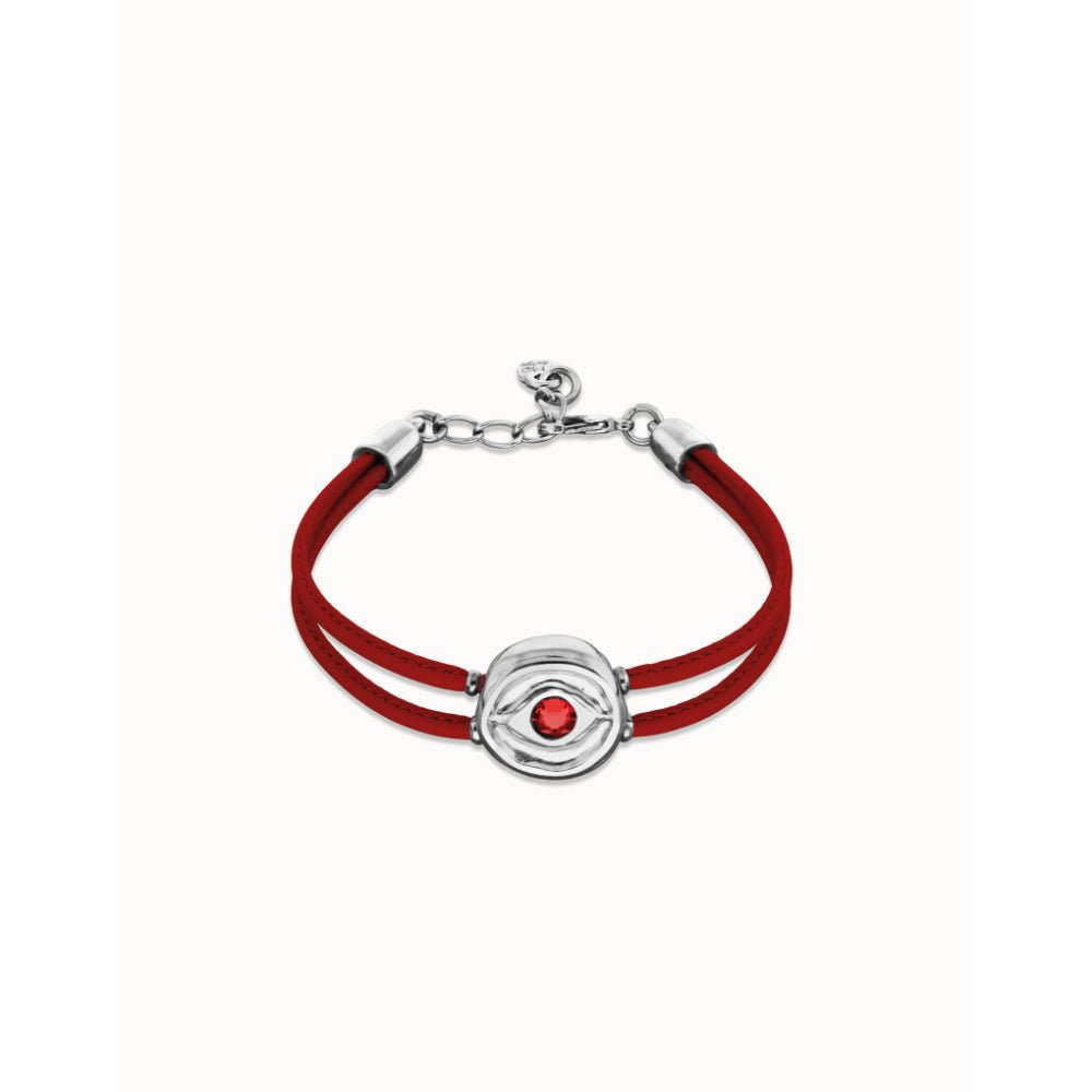 Unode50 Sterling Silver Double Red Leather Birthstone Eye Bracelet - MococoUNOde50PUL2601-SLV-RDBracelet