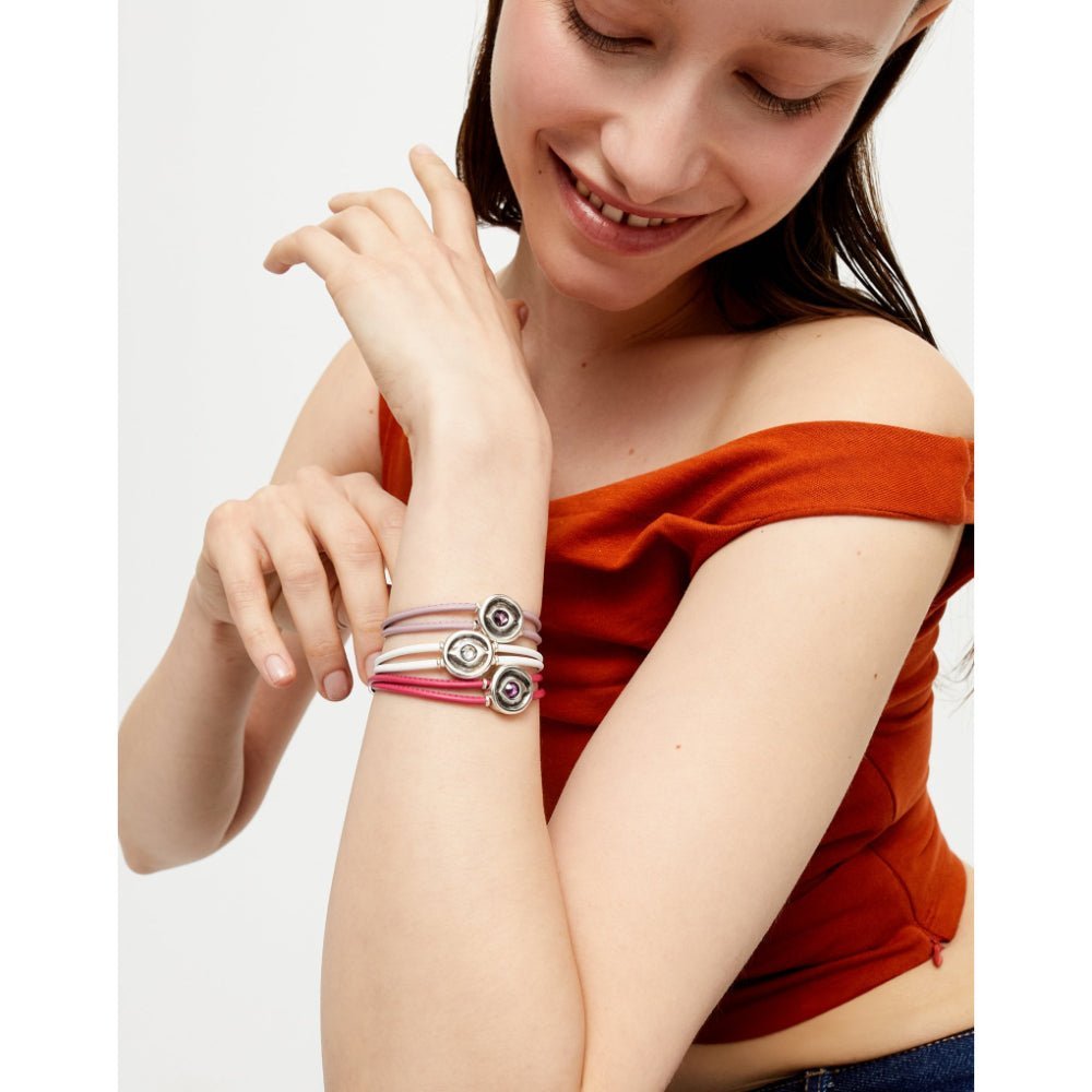 Unode50 Sterling Silver Double White Leather Birthstone Eye Bracelet - MococoUNOde50PUL2601BLCMTL0MBracelets