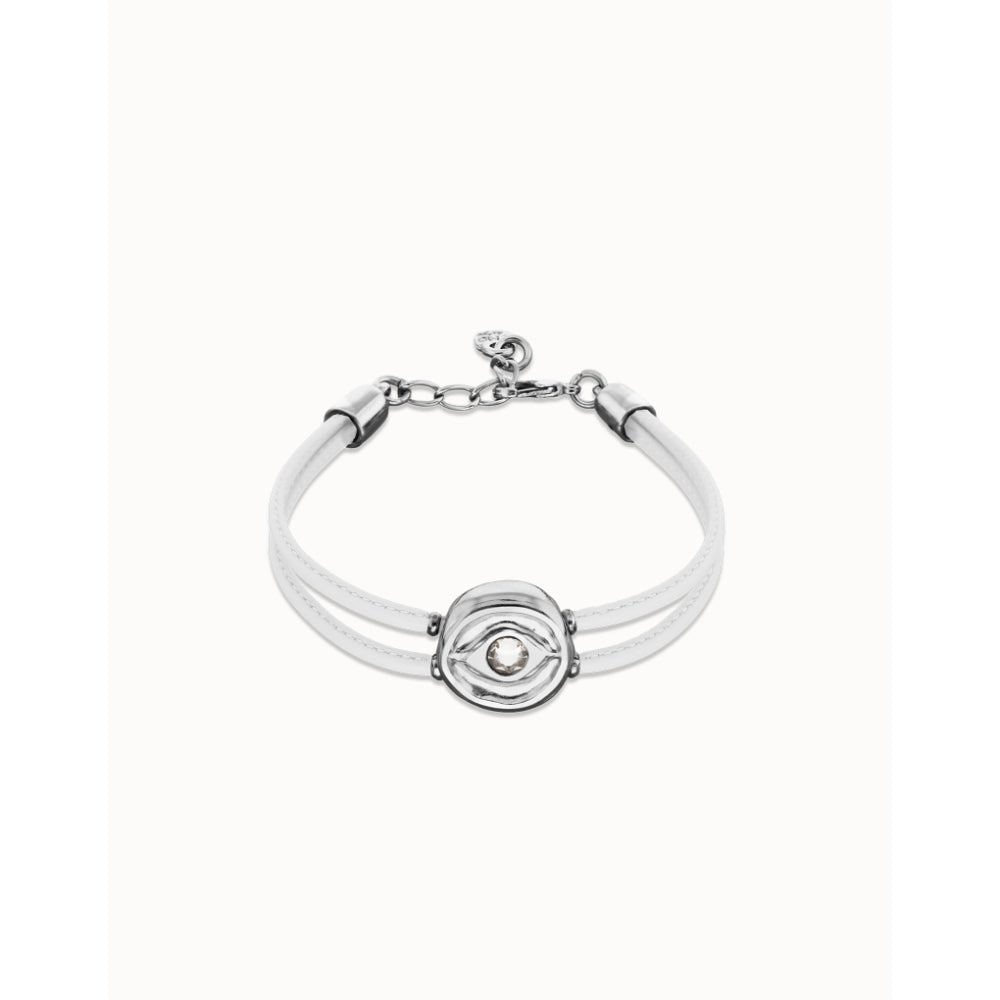 Unode50 Sterling Silver Double White Leather Birthstone Eye Bracelet - MococoUNOde50PUL2601-SLV-WHTBracelet