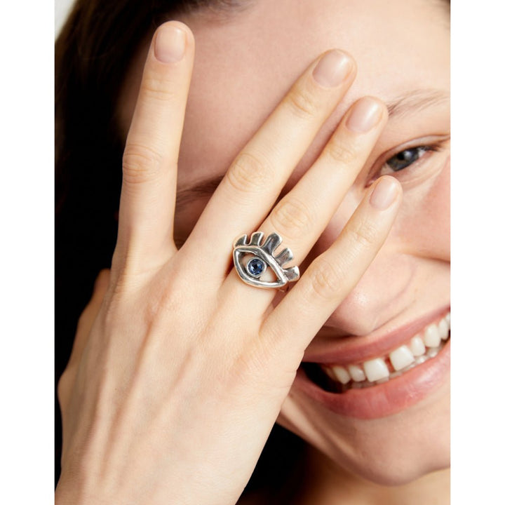 Unode50 Sterling Silver Eye - Shaped Faceted Blue Crystal Ring - MococoUNOde50ANI0855-12-SLV-BLRings