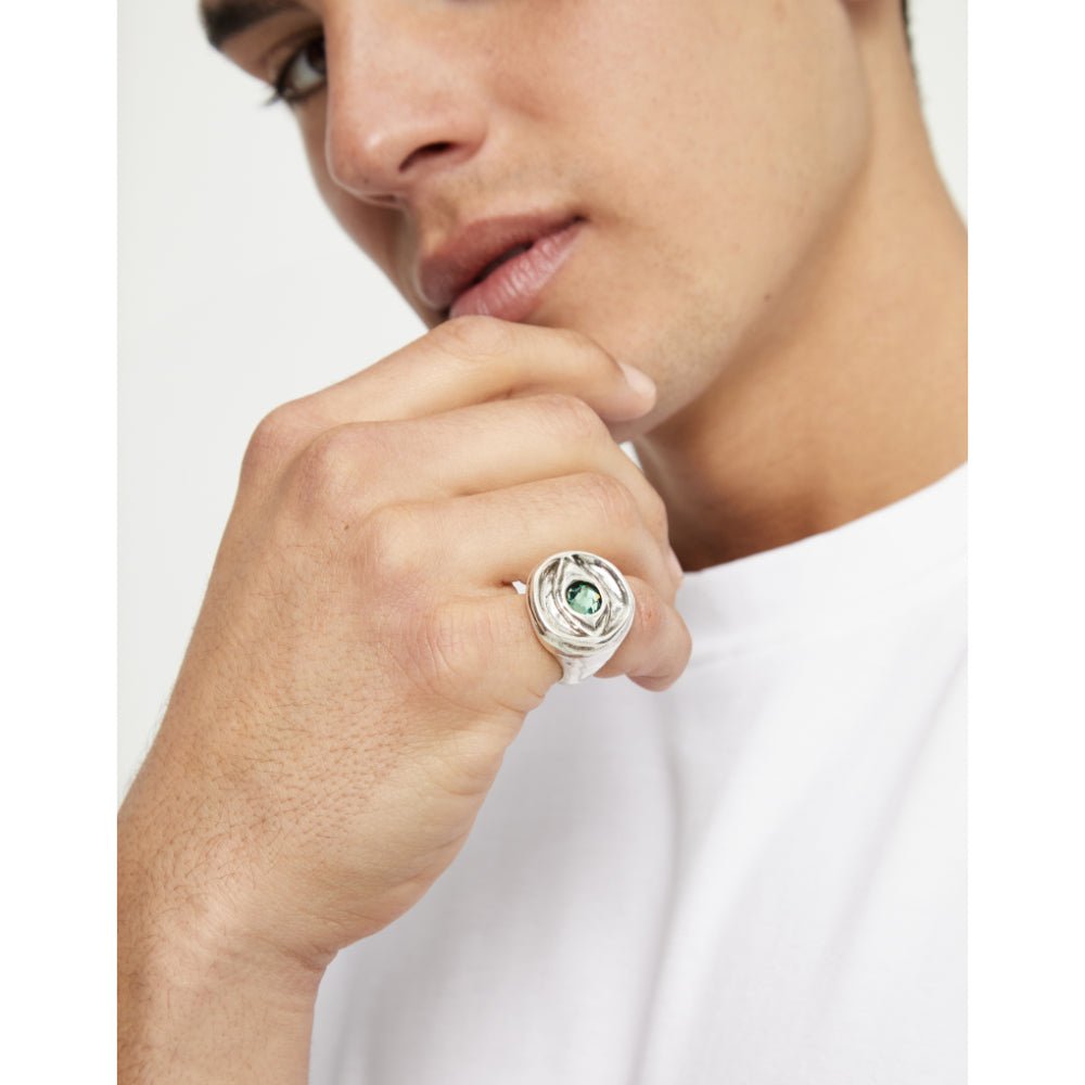 Unode50 Sterling Silver Eye - Shaped Signet Faceted Green Crystal Ring - MococoUNOde50ANI0856-12-SLVRings