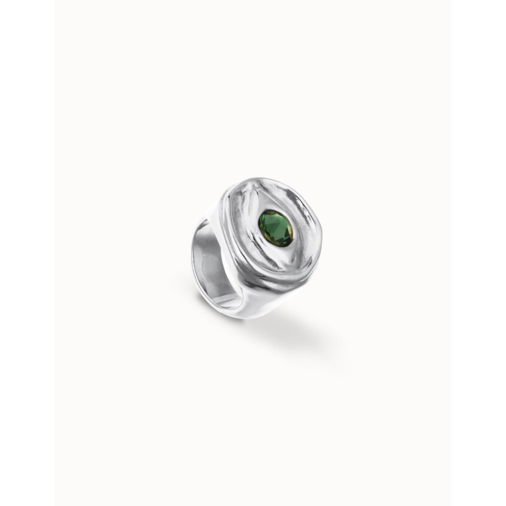 Unode50 Sterling Silver Eye - Shaped Signet Faceted Green Crystal Ring - MococoUNOde50ANI0856-12-SLVRings