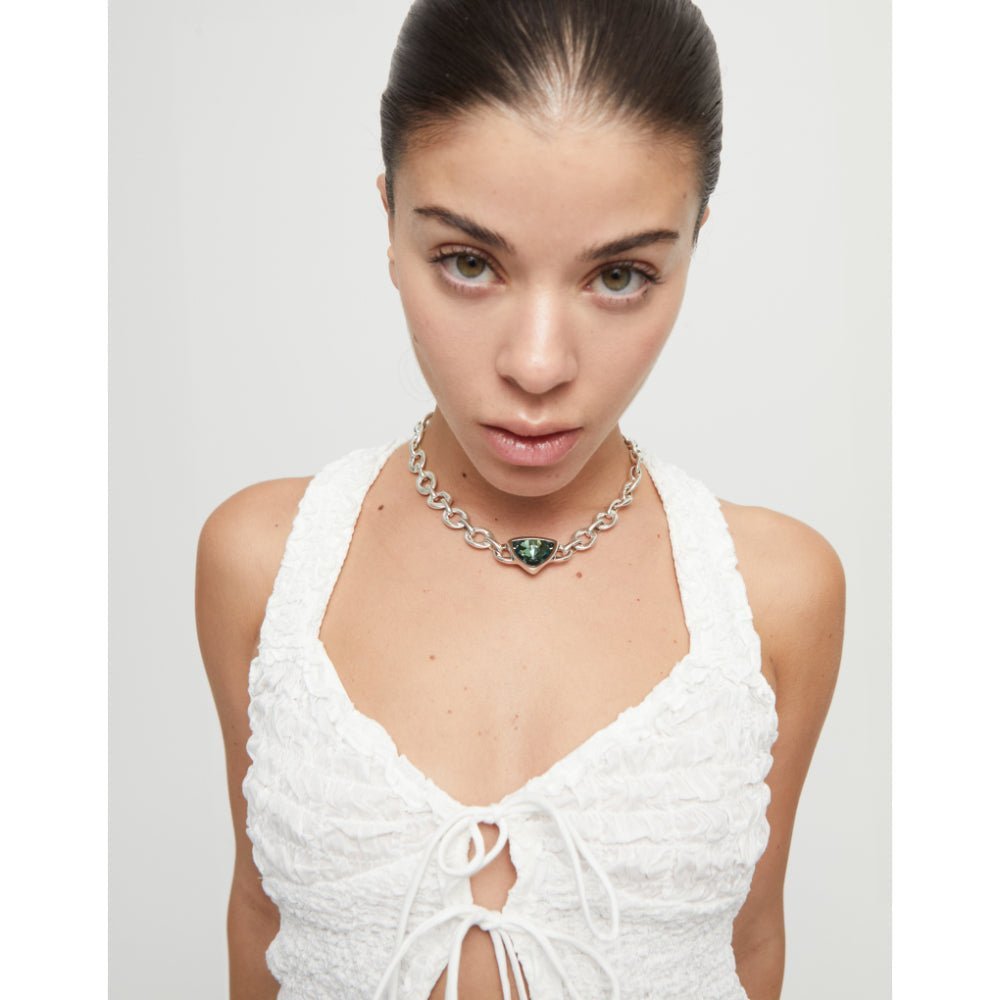 Unode50 Sterling Silver Green Crystal Link Chain Short Necklace - MococoUNOde50COL1979VRDMTL0UNecklaces