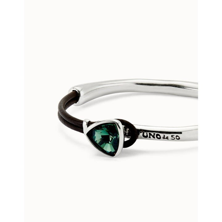 Unode50 Sterling Silver Leather and Green Crystal Bangle Bracelet - MococoUNOde50PUL2509VRDMTL0MBracelets