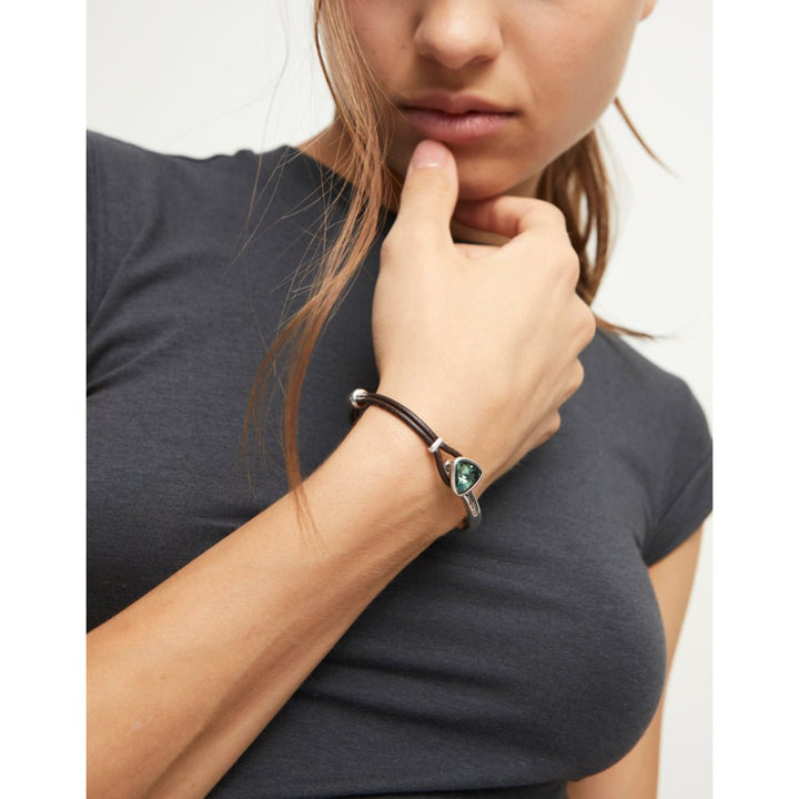 Unode50 Sterling Silver Leather and Green Crystal Bangle Bracelet - MococoUNOde50PUL2509-MBracelet