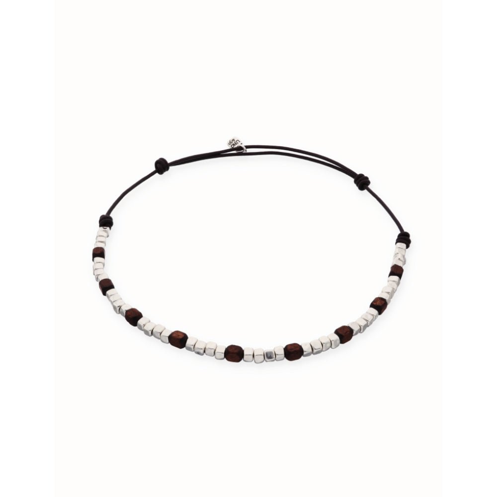Unode50 Sterling Silver Leather Silver And Wooden Beads Necklace - MococoUNOde50COL2025Necklace