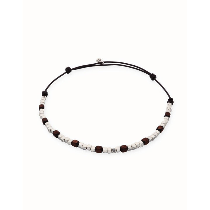 Unode50 Sterling Silver Leather Silver And Wooden Beads Necklace - MococoUNOde50COL2025Necklace