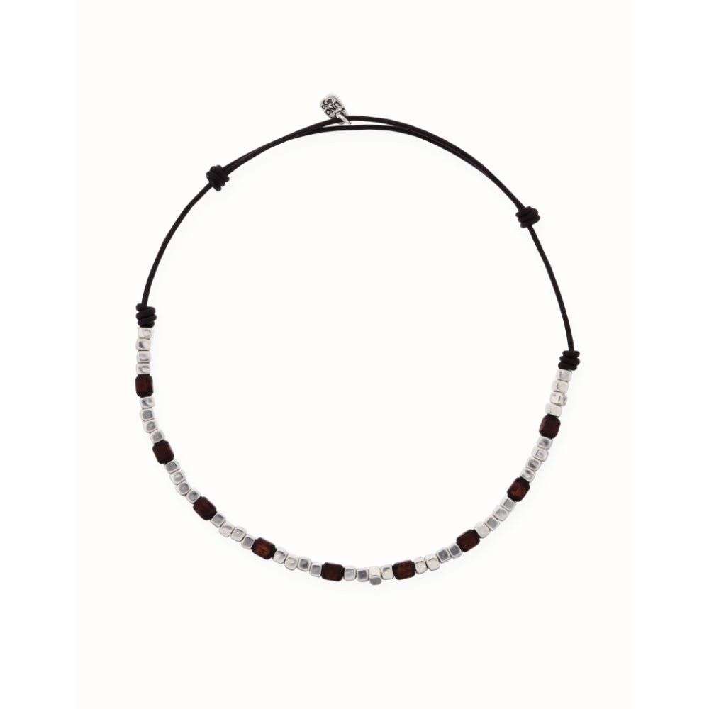 Unode50 Sterling Silver Leather Silver And Wooden Beads Necklace - MococoUNOde50COL2025Necklace