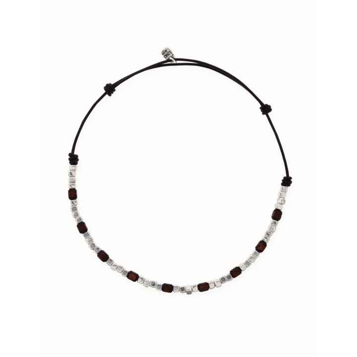 Unode50 Sterling Silver Leather Silver And Wooden Beads Necklace - MococoUNOde50COL2025Necklace