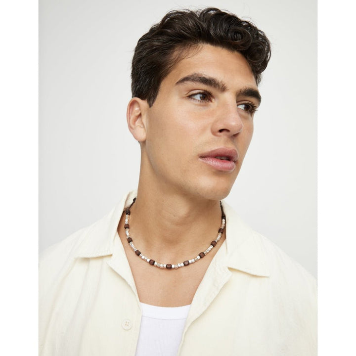 Unode50 Sterling Silver Leather Silver And Wooden Beads Necklace - MococoUNOde50COL2025Necklace