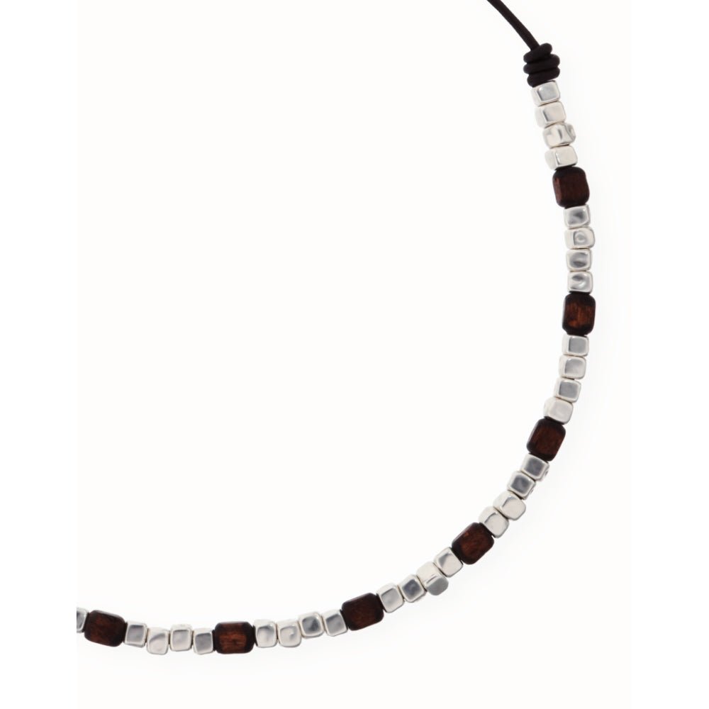 Unode50 Sterling Silver Leather Silver And Wooden Beads Necklace - MococoUNOde50COL2025Necklace