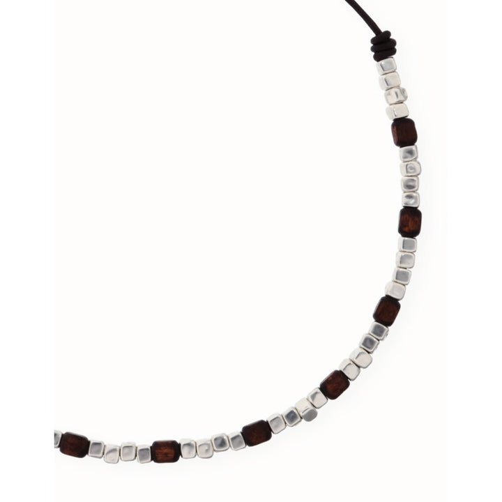 Unode50 Sterling Silver Leather Silver And Wooden Beads Necklace - MococoUNOde50COL2025Necklaces