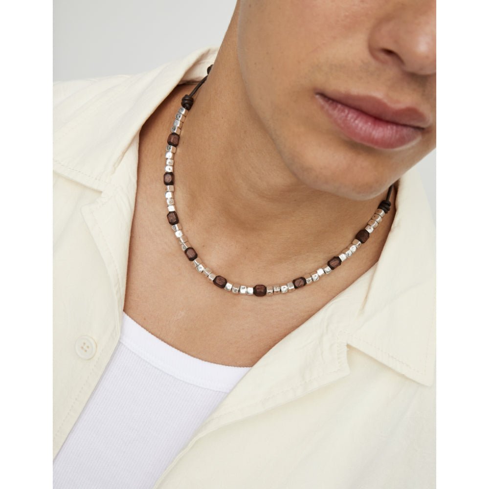 Unode50 Sterling Silver Leather Silver And Wooden Beads Necklace - MococoUNOde50COL2025Necklace