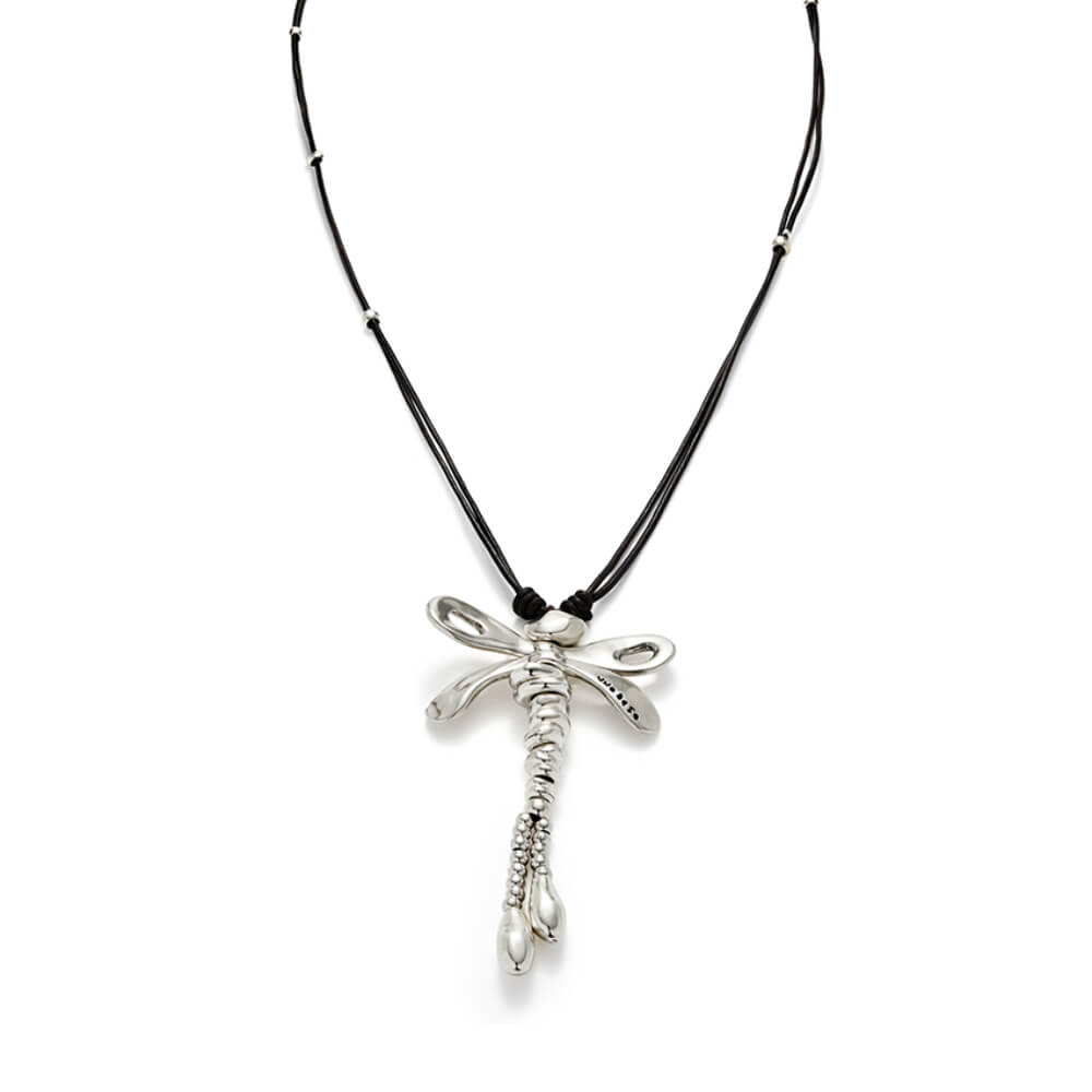 UNOde50 Sterling Silver - Plated Central Dragonfly Long Leather Necklace - MococoUNOde50COL1962MARMTL0UNecklaces