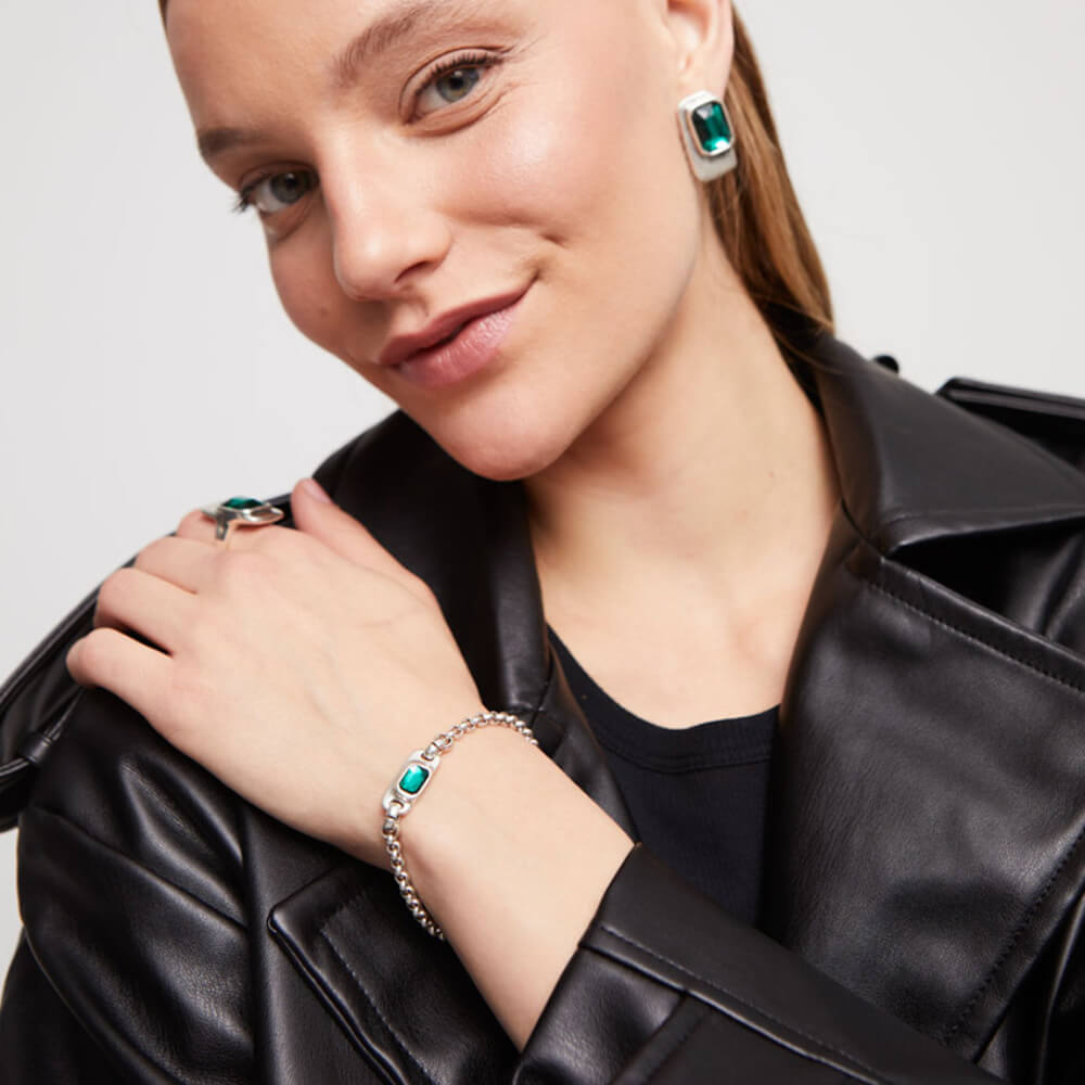 UNOde50 Sterling Silver - Plated Green Crystal Chain Bracelet - MococoUNOde50Bracelets
