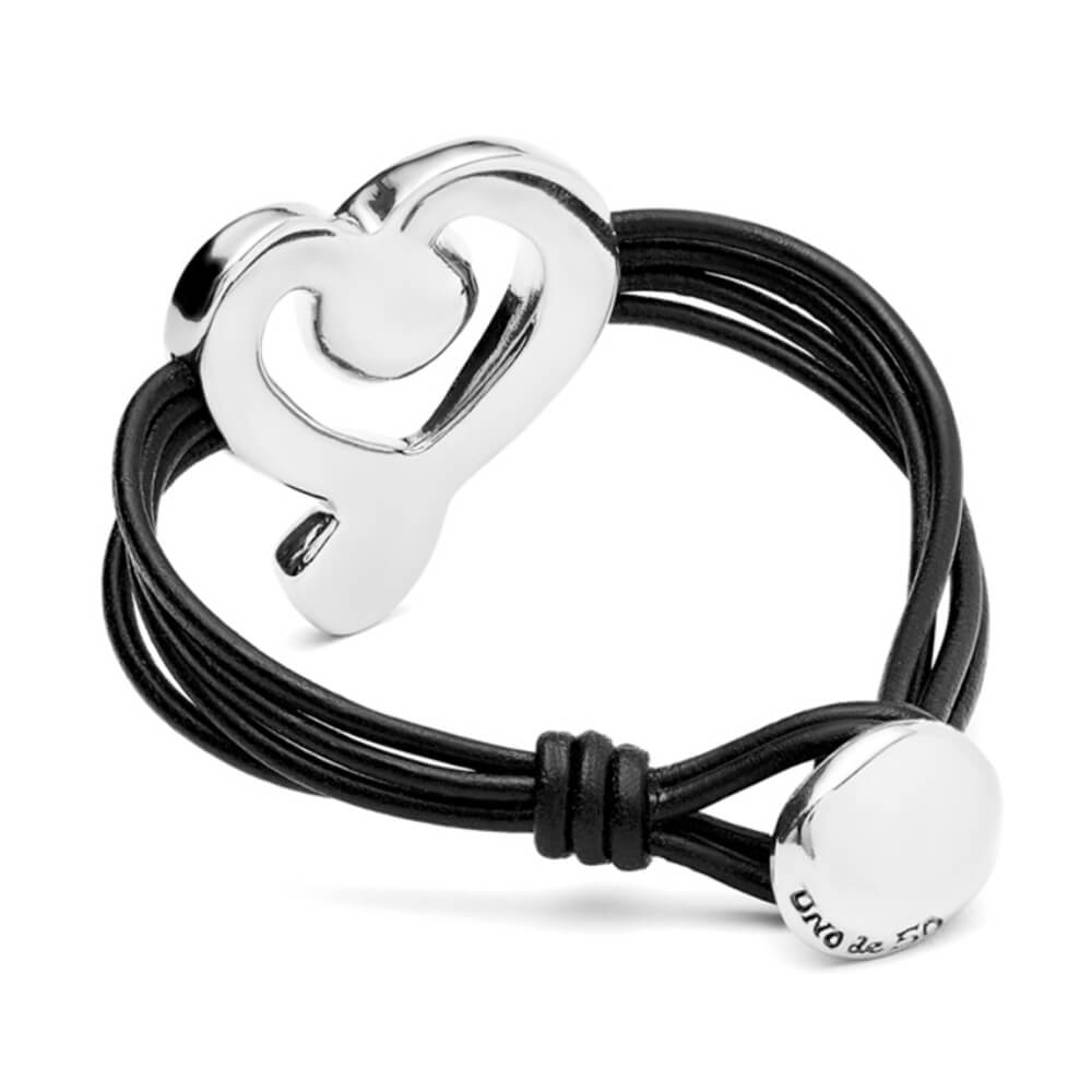 UNOde50 Sterling Silver - Plated Heart and Black Crystal Leather Bracelet - MococoUNOde50PUL2542NGRMTL0MBracelets