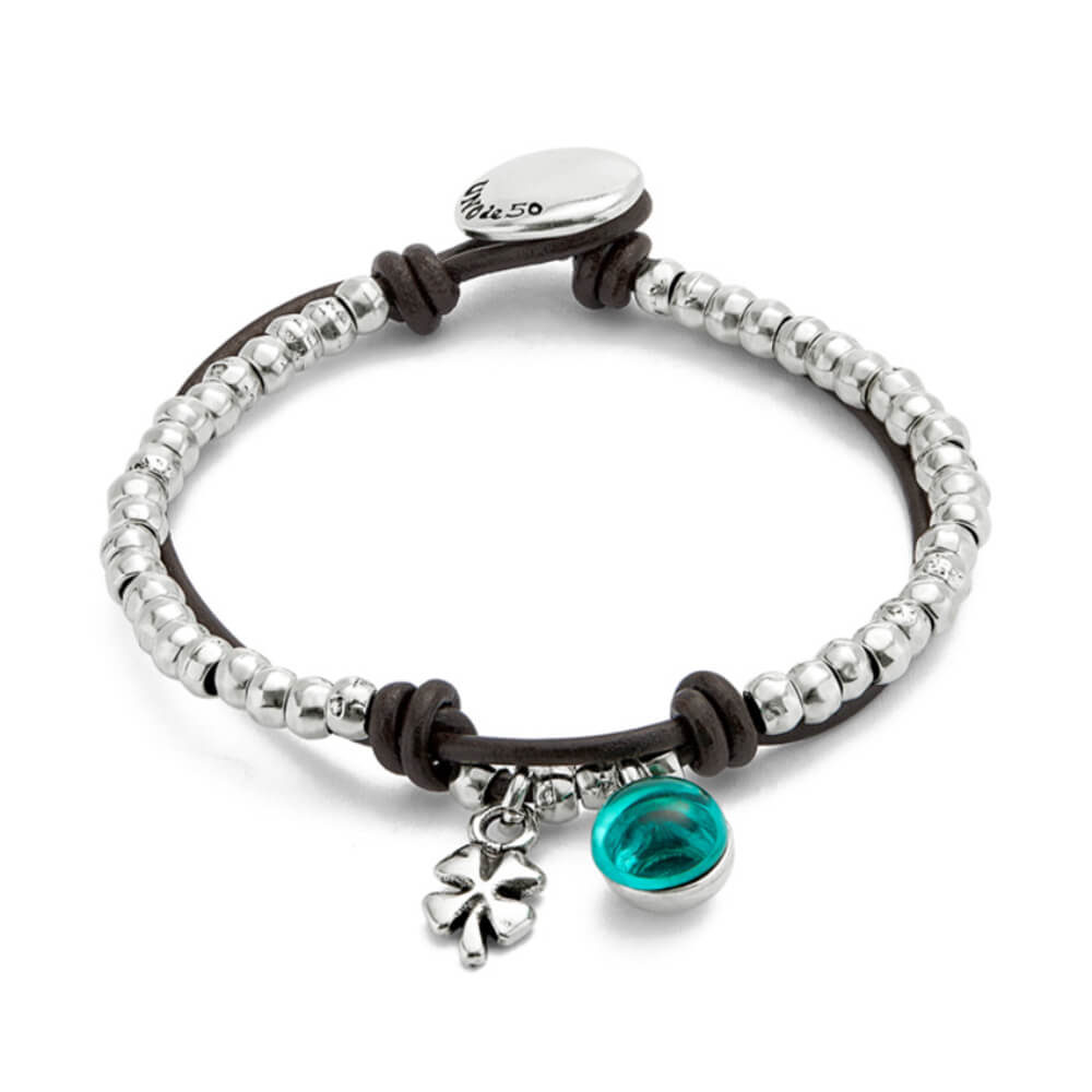 UNOde50 Sterling Silver - Plated Leather and Green Murano Glass Beaded Bracelet - MococoUNOde50PUL2529VRDMTL0MBracelets