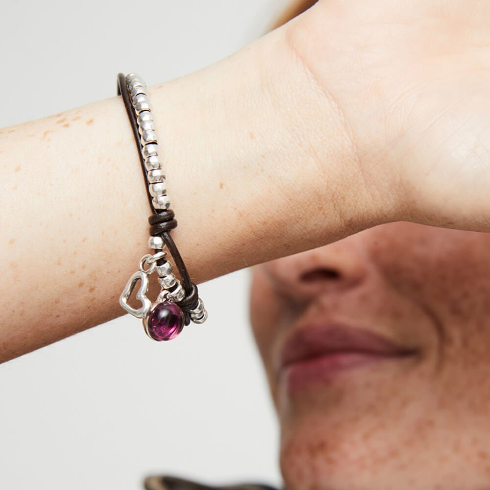 UNOde50 Sterling Silver - Plated Leather and Purple Murano Glass Bracelet - MococoUNOde50PUL2528MORMTL0MBracelets