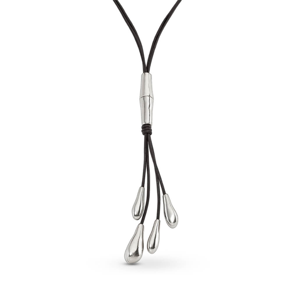 UNOde50 Sterling Silver - Plated Long Leather Whip Necklace With 2 Tubules And 4 Fringes With Drops - MococoUNOde50COL1748MARMTL0UNecklaces