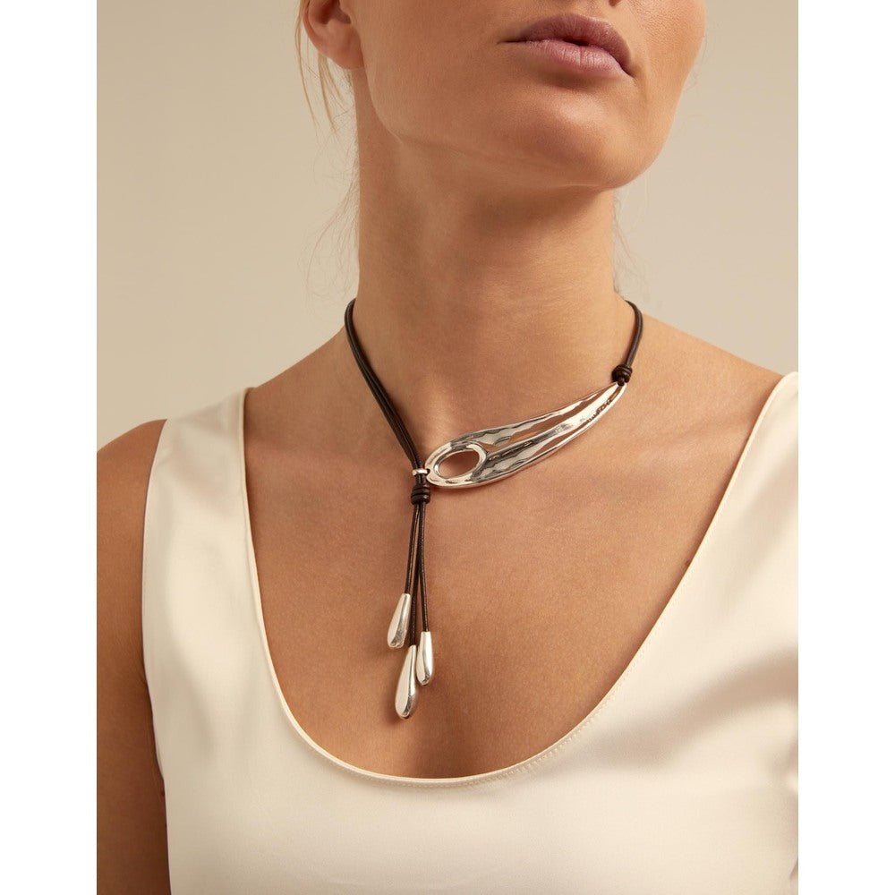 UNOde50 Sterling Silver - Plated Long Leather Whip Necklace With 2 Tubules And 4 Fringes With Drops - MococoUNOde50COL1748MARMTL0UNecklaces