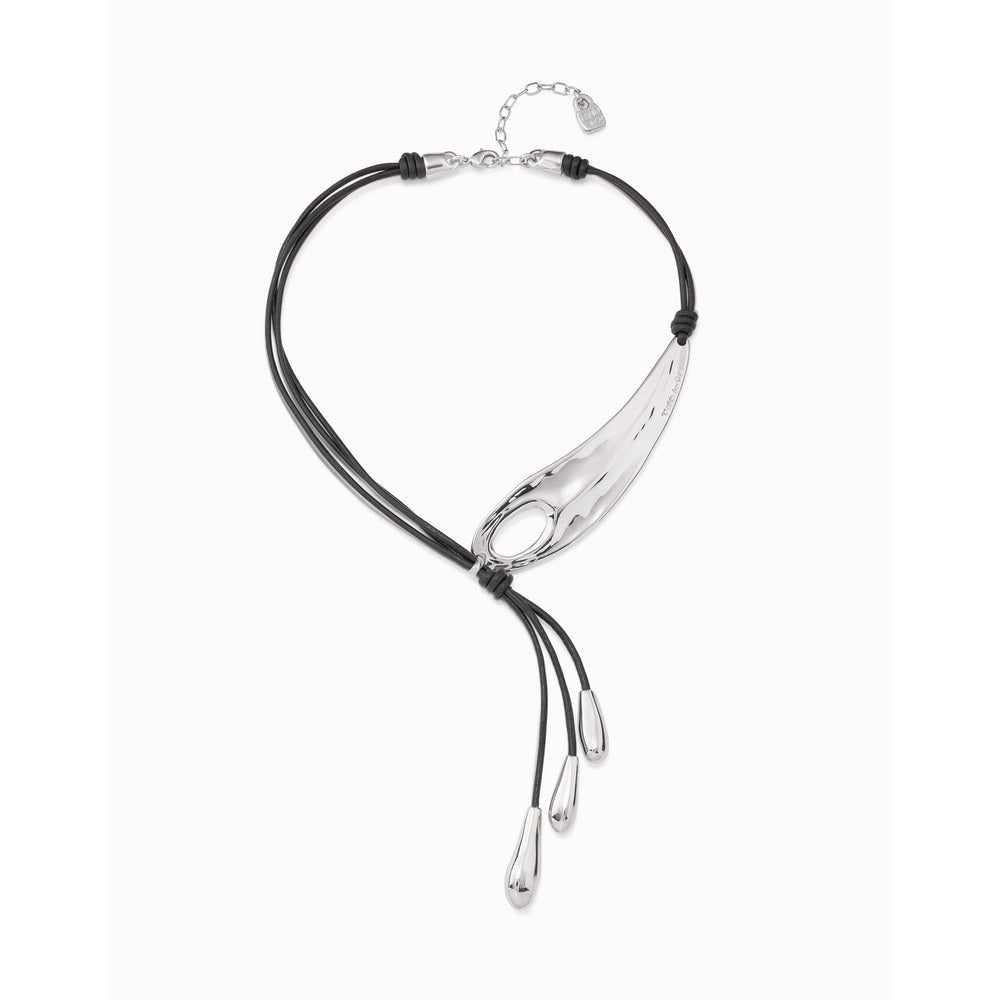 UNOde50 Sterling Silver - Plated Long Leather Whip Necklace With 2 Tubules And 4 Fringes With Drops - MococoUNOde50COL1751MARMTLNecklace