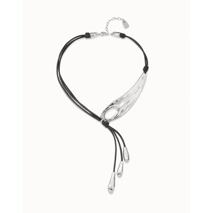 UNOde50 Sterling Silver - Plated Long Leather Whip Necklace With 2 Tubules And 4 Fringes With Drops - MococoUNOde50COL1751MARMTLNecklace