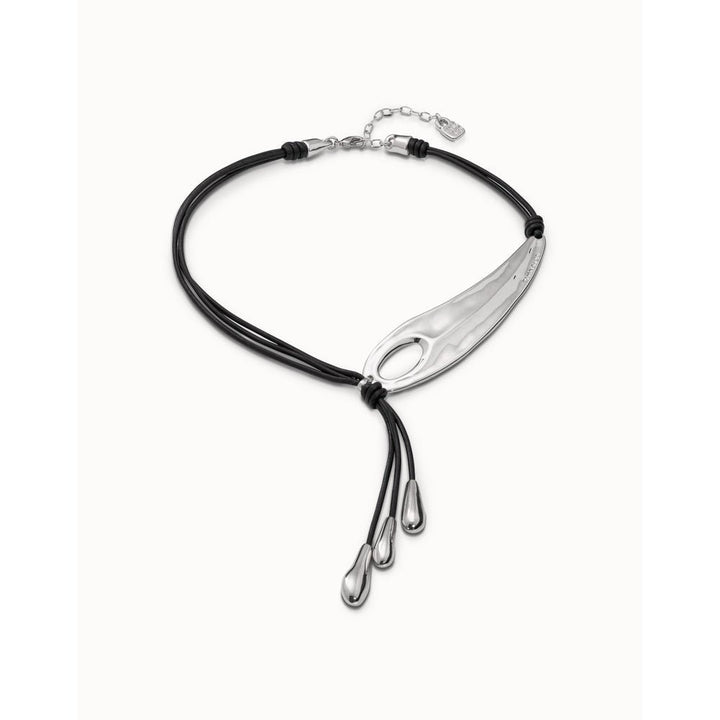 UNOde50 Sterling Silver - Plated Long Leather Whip Necklace With 2 Tubules And 4 Fringes With Drops - MococoUNOde50COL1748MARMTL0UNecklaces
