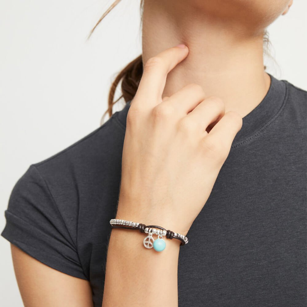 UNOde50 Sterling Silver - Plated Turquoise Murano Glass Beaded Leather Bracelet - MococoUNOde50PUL2530TURMTL0MBracelets