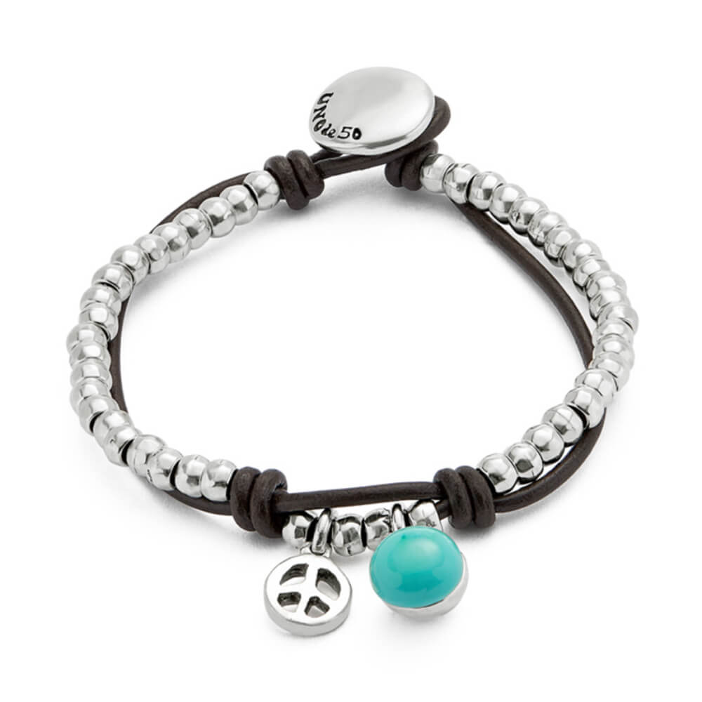 UNOde50 Sterling Silver - Plated Turquoise Murano Glass Beaded Leather Bracelet - MococoUNOde50PUL2530TURMTL0MBracelets