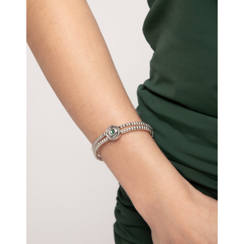 Unode50 Sterling Silver Two - Strand Beaded Green an Eye - Shaped Charm Bracelet - MococoUNOde50PUL2599VRDMTL0MBracelets