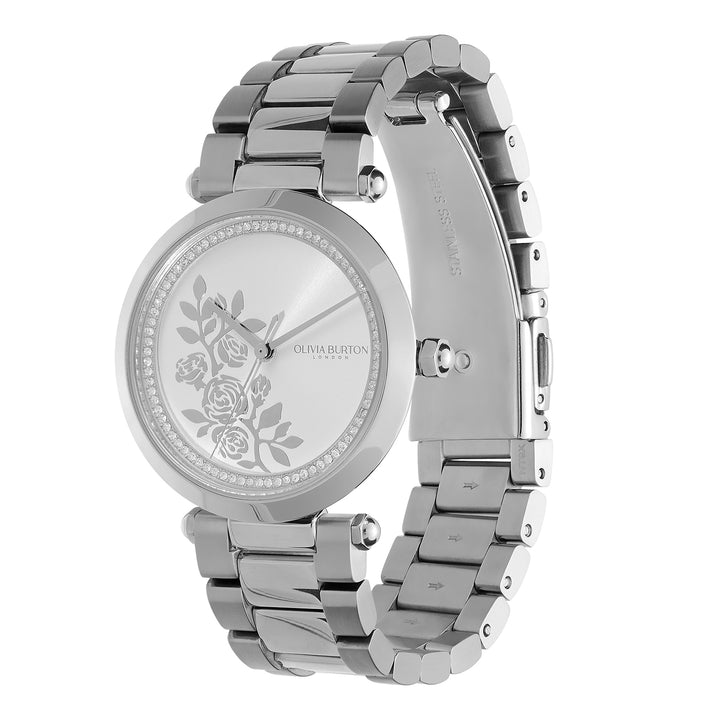 Olivia Burton Silver Floral T-Bar White Dial Watch