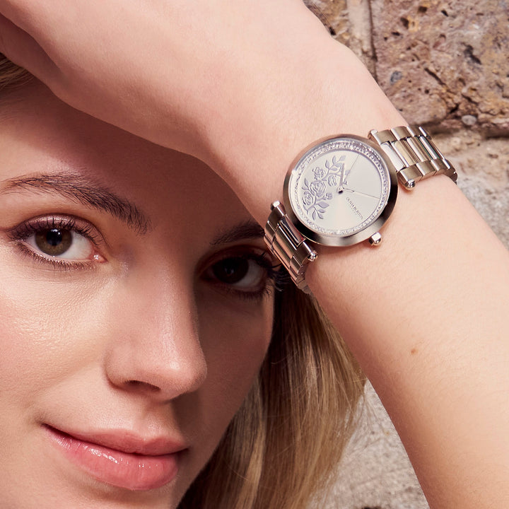 Olivia Burton Silver Floral T-Bar White Dial Watch