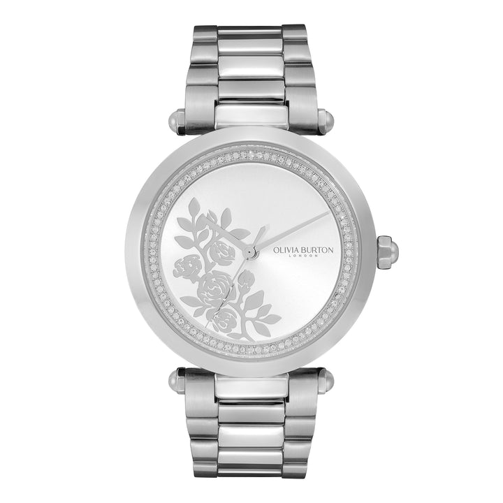 Olivia Burton Silver Floral T-Bar White Dial Watch