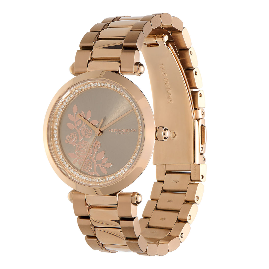 Olivia Burton Rose Gold Floral T-Bar Grey Dial Watch