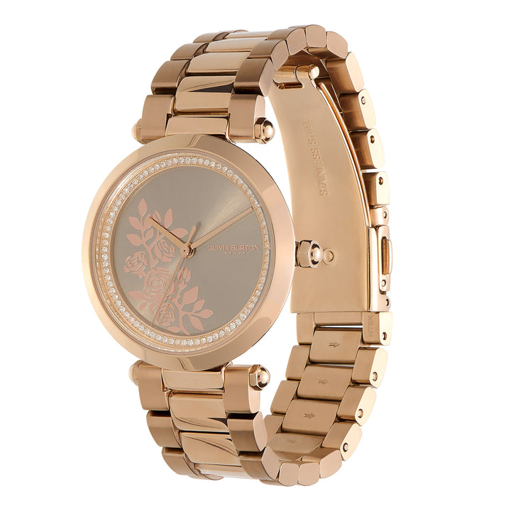 Olivia Burton Rose Gold Floral T-Bar Grey Dial Watch